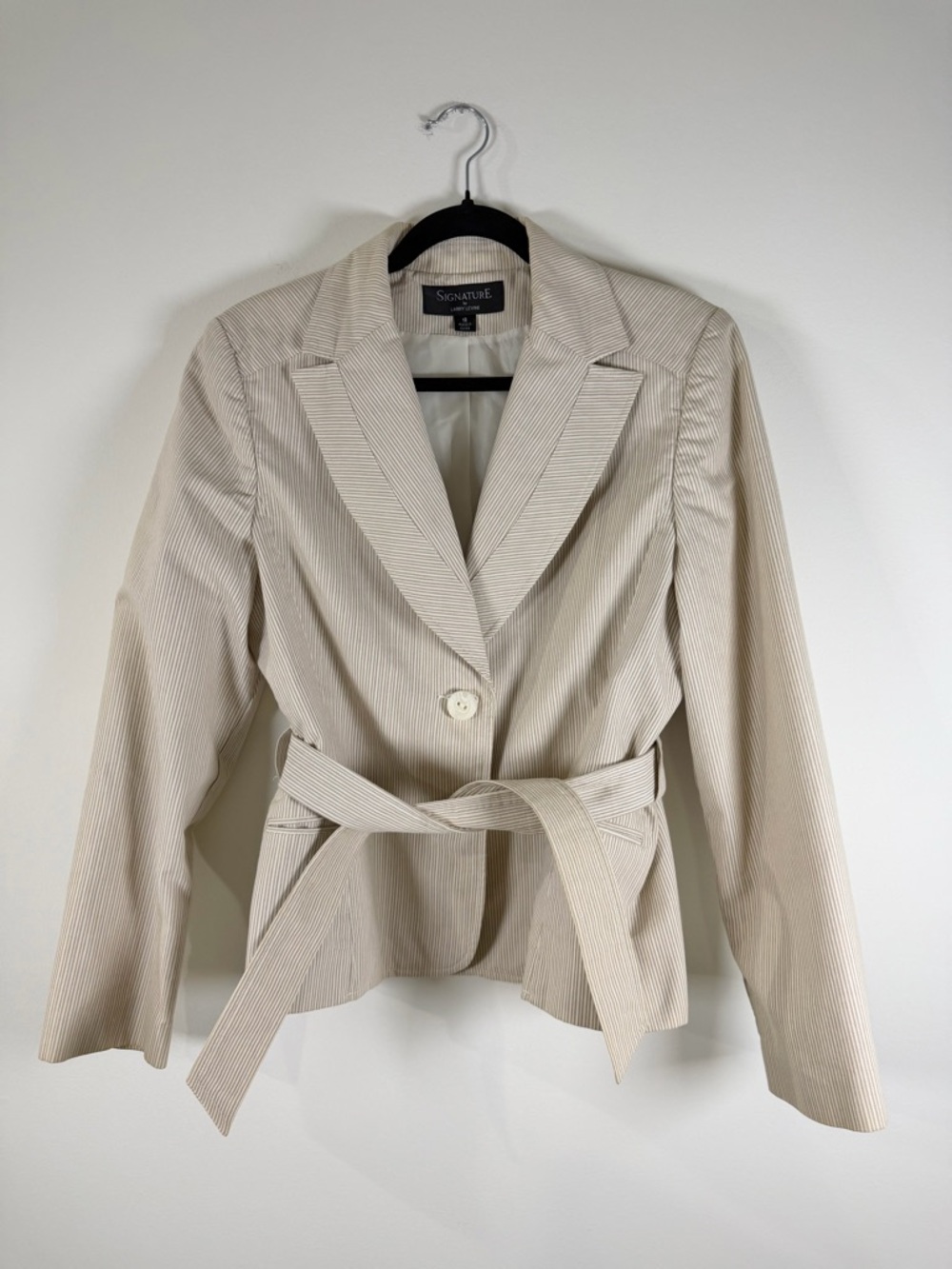 Larry Levine Cream Pinstripe Belted Blazer